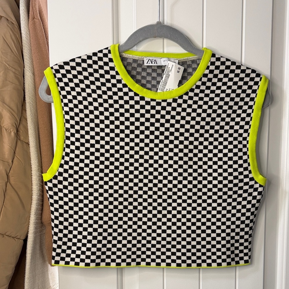 Zara Black & White Checker Crop Tank with Neon Yellow Trim